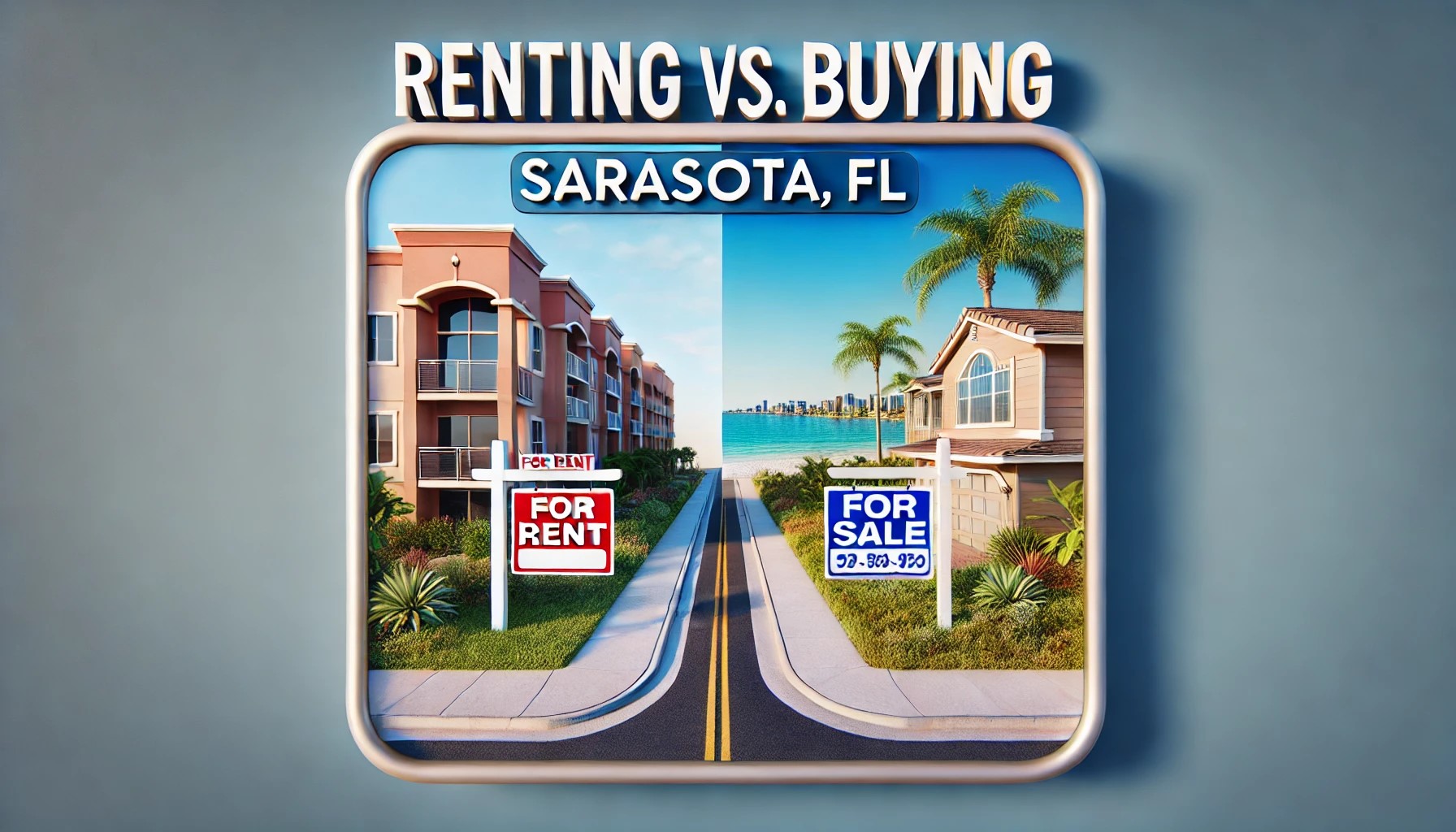 DALL·E 2025-01-14 06.46.05 - A visually appealing thumbnail representing the topic 'Renting vs. Buying in Sarasota, FL'. The image features a split-screen design. On the left side